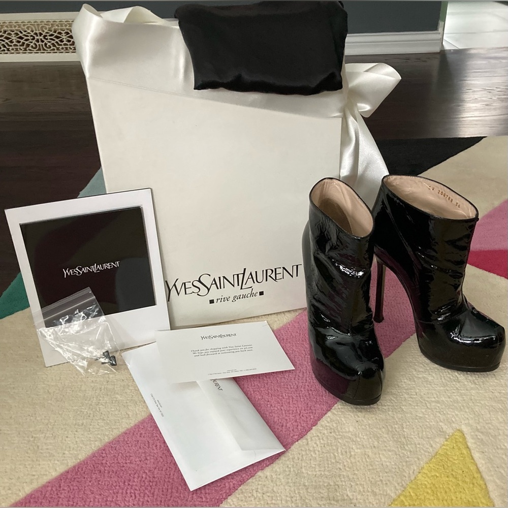 Yves Saint Laurent YSL Tribtoo Black Patent Leather Crocodile Stiletto Bootie 36